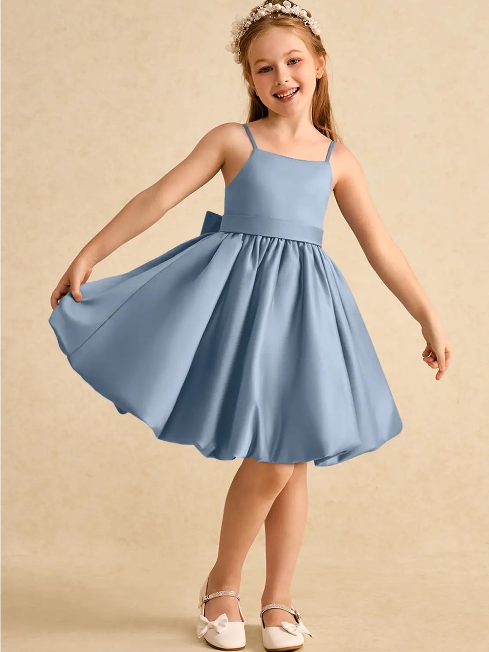 Azazie Davine Dusty Blue A-Line Spaghetti Strap Matte Satin Dress